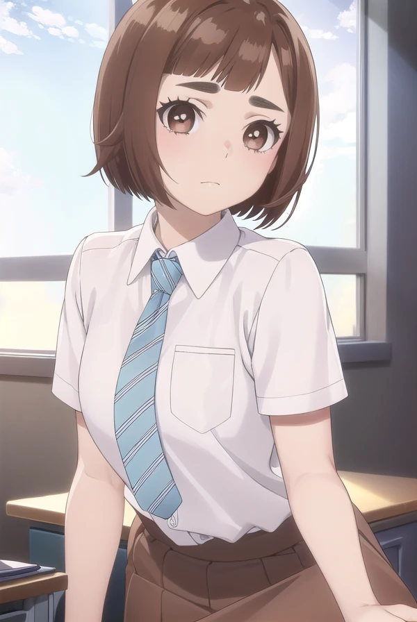 kazusaonodera, <lora:kazusa onodera s1-lora-nochekaiser:1>,
kazusa onodera, short hair, bangs, brown hair, (brown eyes:1.5), blunt bangs, bob cut, thick eyebrows,
BREAK skirt, shirt, school uniform, white shirt, short sleeves, necktie, striped, collared shirt, shirt tucked in, striped necktie,
BREAK indoors, classroom,
BREAK looking at viewer, (cowboy shot:1.5),
BREAK <lyco:GoodHands-beta2:1>, (masterpiece:1.2), best quality, high resolution, unity 8k wallpaper, (illustration:0.8), (beautiful detailed eyes:1.6), extremely detailed face, perfect lighting, extremely detailed CG, (perfect hands, perfect anatomy),