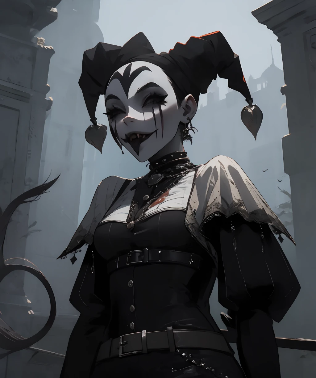 dark theme, jester, 1girl, standing, tail, striped, belt, solo, upper body, <lora:crazy_jester-08:1> <lora:LowRA:0.3>