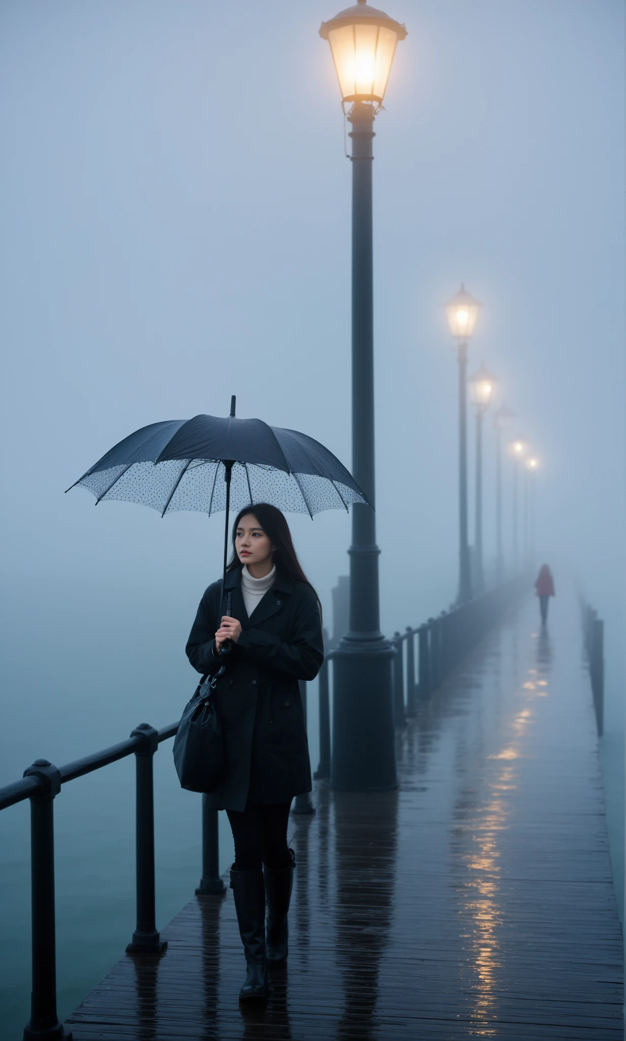 girl,cool,rain,cloudy,fog,medium,cool,dull,lonely,pier,bay,lighthouse,seaside,
The dim light shines in the fog,and the figure stands in the fog holding an umbrella,