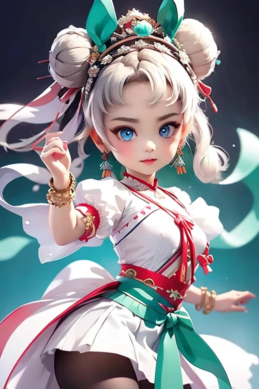 ((Masterpiece)),((Best Quality)),1girl,chibi,long hair,bangs,brown hair,white background,dress,jewelry,hair ribbon,white shirt,upper body,short sleeves,earrings,parted lips,puffy sleeves,bracelet,ring,puffy short sleeves,green ribbon,1girl,small breasts,solo,double bun,bow,white hair,long hair,sidelocks,blue eyes,symbol-shaped pupils,long sleeves,underboob cutout,white dress,pleated dress,thighband pantyhose,
<lora:lbc_Q_ban:0.8>,