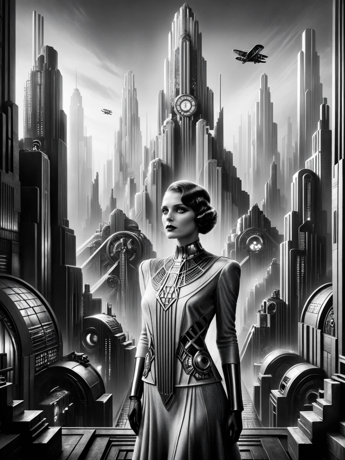 woman, futuristic, stylized, art deco, 1920s, black and white, bold geometric shapes, focus on the towering and industrial cityscape in the background <lora:Metropolis_Movie_Style_SDXL:1> mad-ropolis-movie, masterpiece, best quality, ultra high res, (photorealistic, realistic:1.2), deep shadow, raw photo, film grain, Fujifilm XT3, 8k uhd, dslr