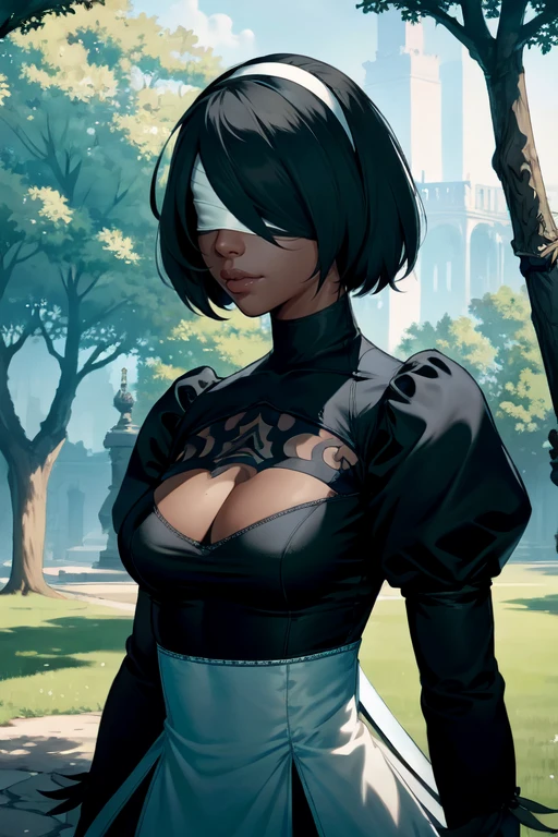 masterpiece,best quality,extreme detail,8k,<lora:2b:0.8> 2B@, 1girl, solo, breasts, short hair, black hair, long sleeves, dress, cleavage, medium breasts, upper body, weapon, hairband, puffy sleeves, sword, dark skin, white dress, mole, dark-skinned female, tree, lips, clothing cutout, cleavage cutout, juliet sleeves, mole under mouth, alternate color, blindfold, alternate hair color, alternate skin color,