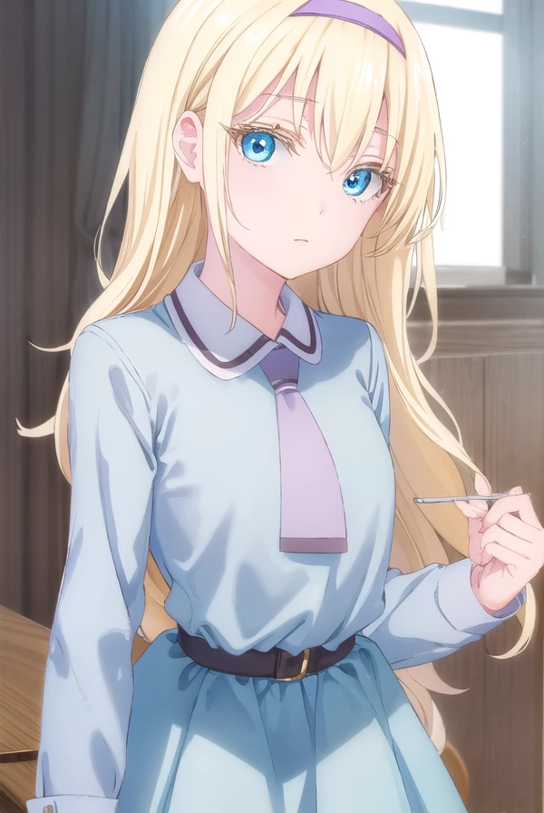 asobiasobaseolivia, <lora:asobi asobase olivia s1-lora-nochekaiser:1>,
olivia, long hair, blue eyes, blonde hair,
BREAK dress, school uniform, hairband, necktie, belt,
BREAK indoors, classroom,
BREAK looking at viewer, (cowboy shot:1.5),
BREAK <lyco:GoodHands-beta2:1>, (masterpiece:1.2), best quality, high resolution, unity 8k wallpaper, (illustration:0.8), (beautiful detailed eyes:1.6), extremely detailed face, perfect lighting, extremely detailed CG, (perfect hands, perfect anatomy),