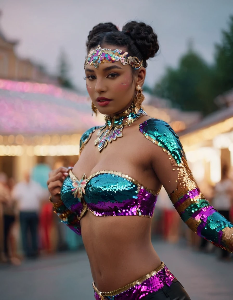 cinematic film still cinematic still fflix_sequin, dark skin, dark-skinned female, 1girl, navel, hand on hip, jewelry, black hair, midriff, earrings, makeup, single hair bun, blurry background, solo focus, crop top, bow, realistic . emotional, harmonious, vignette, highly detailed, high budget, bokeh, cinemascope, moody, epic, gorgeous, film grain, grainy", "cinematic photo fflix_sequin, dark skin, dark-skinned female, 1girl, navel, hand on hip, jewelry, black hair, midriff, earrings, makeup, single hair bun, blurry background, solo focus, crop top, bow, realistic . 35mm photograph, film, bokeh, professional, 4k, highly detailed", "fflix_sequin, dark skin, dark-skinned female, 1girl, navel, hand on hip, jewelry, black hair, midriff, earrings, makeup, single hair bun, blurry background, solo focus, crop top, bow, realistic, intricate, elegant, highly detailed, digital painting, artstation, smooth, sharp focus, illustration, art by rossdraws and alphonse mucha
<lora:fflix_sequin-000010:1> . shallow depth of field, vignette, highly detailed, high budget, bokeh, cinemascope, moody, epic, gorgeous, film grain, grainy
