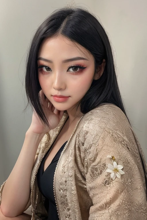 4k, 8k, ultra highres, raw photo in hdr, sharp focus, intricate texture, skin imperfections, realistic, detailed facial features, highly detailed face, posing,perfect lighting,black hair, sitting,flowery dress,small breasts,large jacket, <lora:Sharonzxt1:0.7> Sharonzxt