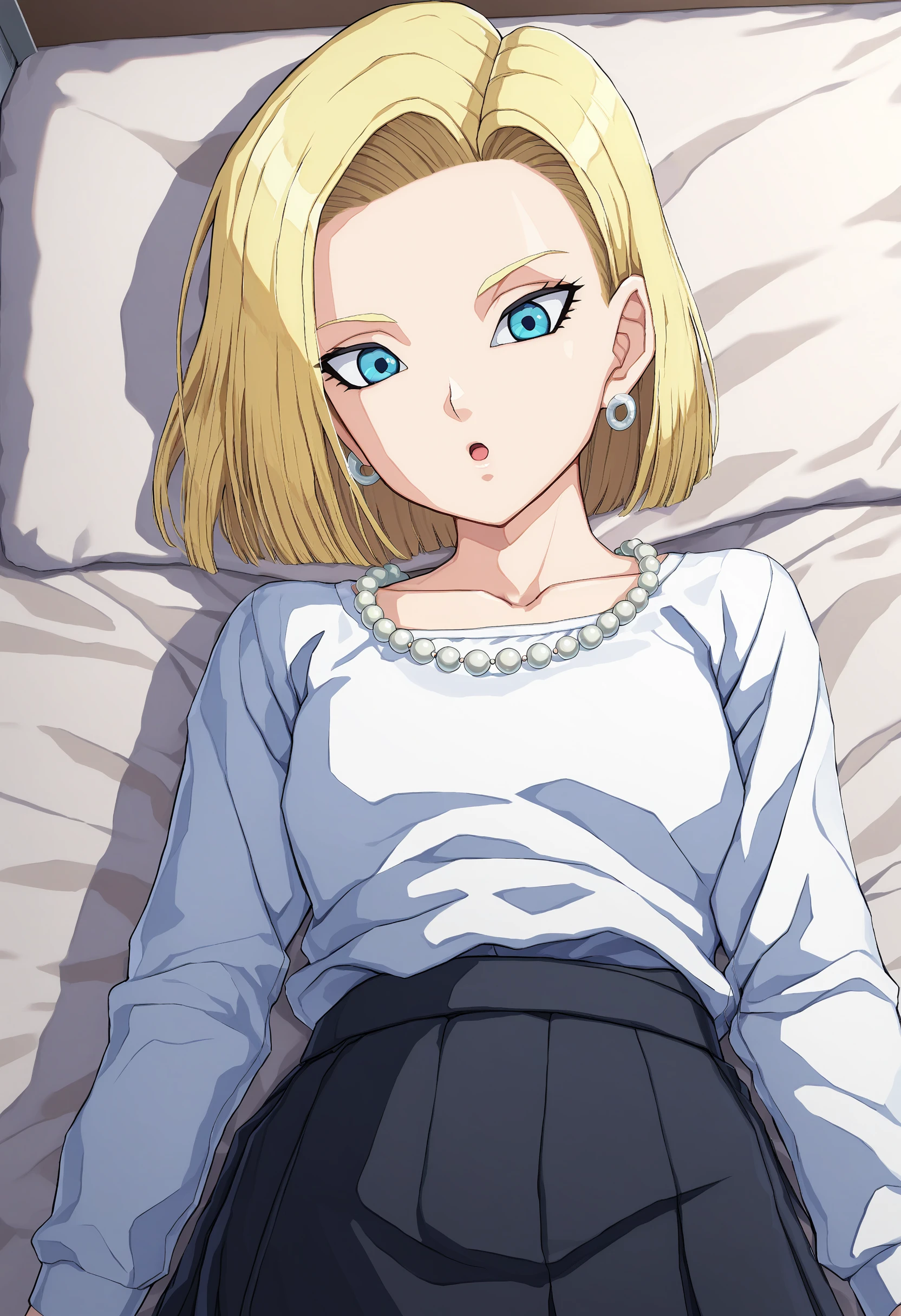 sysdeep_android18, 1girl, solo, long_hair, looking_at_viewer, short_hair, open_mouth, blue_eyes, blonde_hair, shirt, jewelry, collarbone, white_shirt, earrings, lying, parted_lips, on_back, necklace, :o, eyelashes, expressionless, bead_necklace, pearl_necklace, skirt, bed, office_suit, full_body, <lora:Android 18 - [Dragonball] - XL Version 1:1>