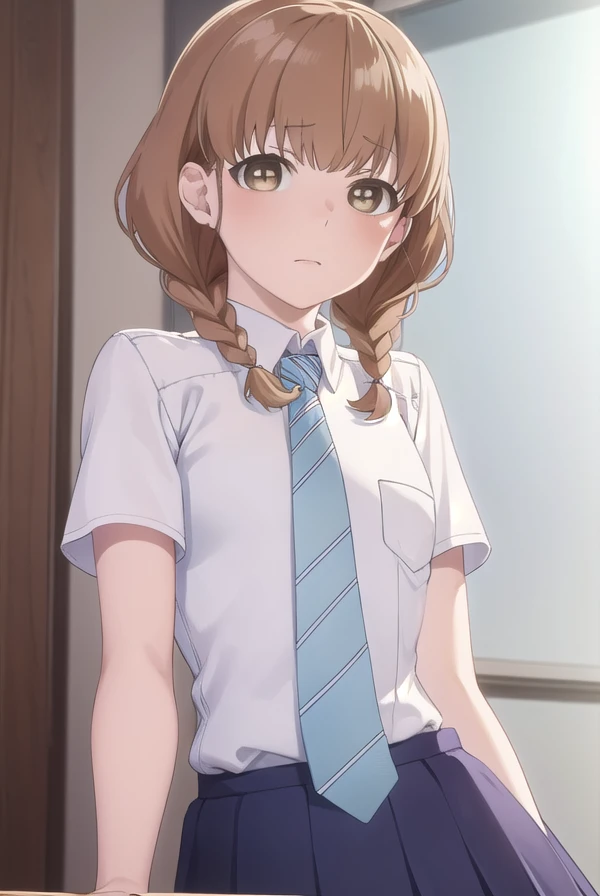 momokosudou, <lora:momoko sudou s1-lora-nochekaiser:1>,
momoko sudou, brown hair, (brown eyes:1.5), braid, twin braids,
BREAK skirt, shirt, school uniform, white shirt, short sleeves, necktie, striped, collared shirt, shirt tucked in, striped necktie,
BREAK indoors, classroom,
BREAK looking at viewer, (cowboy shot:1.5),
BREAK <lyco:GoodHands-beta2:1>, (masterpiece:1.2), best quality, high resolution, unity 8k wallpaper, (illustration:0.8), (beautiful detailed eyes:1.6), extremely detailed face, perfect lighting, extremely detailed CG, (perfect hands, perfect anatomy),