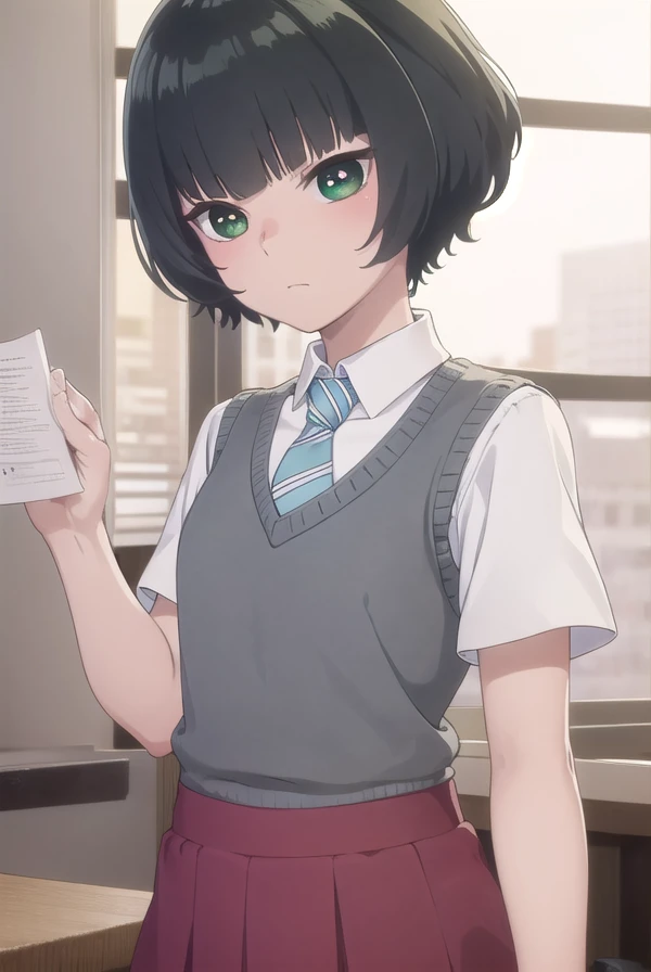 hitohahongou, <lora:hitoha hongou s1-lora-nochekaiser:1>,
hitoha hongou, short hair, bangs, black hair, (green eyes:1.3), blunt bangs,
BREAK shirt, school uniform, white shirt, short sleeves, necktie, sweater vest, blue necktie, skirt, red skirt,
BREAK indoors, classroom,
BREAK looking at viewer, (cowboy shot:1.5),
BREAK <lyco:GoodHands-beta2:1>, (masterpiece:1.2), best quality, high resolution, unity 8k wallpaper, (illustration:0.8), (beautiful detailed eyes:1.6), extremely detailed face, perfect lighting, extremely detailed CG, (perfect hands, perfect anatomy),
