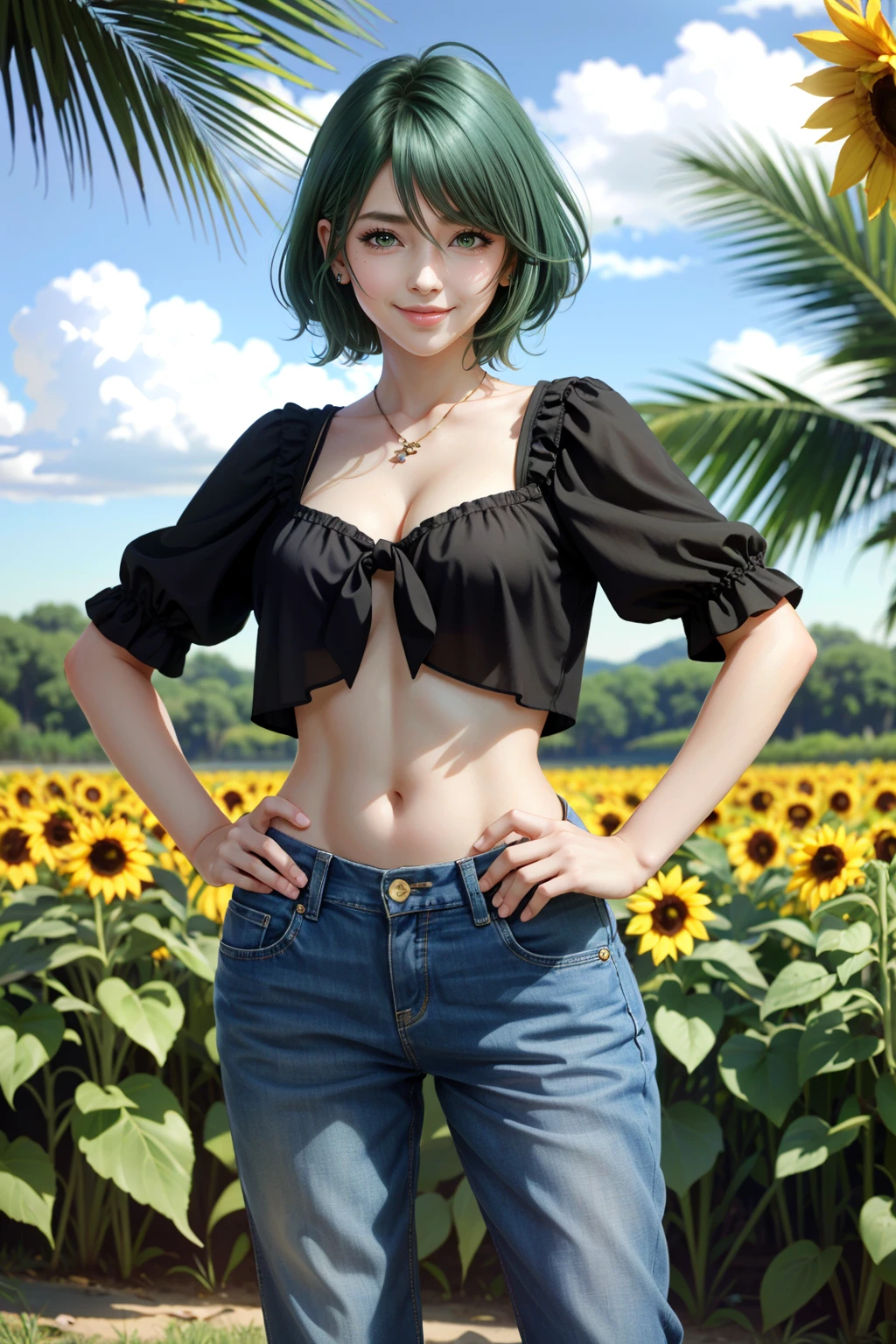 ((ultra detailed, masterpiece, absurdres))
<lora:DOATamaki:0.9>
DOATamaki, 1girl, short hair, green hair, surrounded by sunflowers in a bright field, smiling, with hands on hips