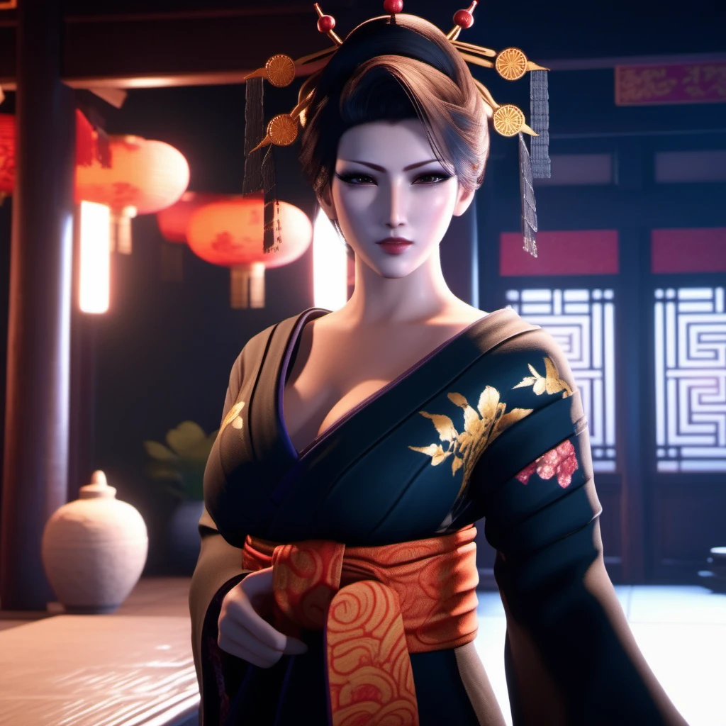 Ultra realistic extremely beautifully detailed 8k picture of 1 gorgeously cute and cool ff7 madam m exploring a forbidden city at night, extremely detailed eyes mouth and facial features, gorgeous breathtaking composition and epic cinematic lighting <lora:ff7 madam m:0.8>