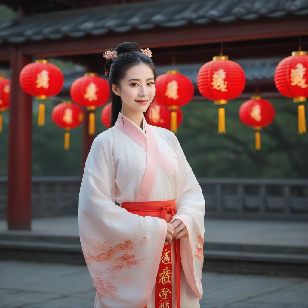 gf,<lora:GFHF-000010:0.6>,close up,upper body,pov,facing at viewer,((night)),panorama,dynamic_angle,((new year)),((lantern festival)),fantasy,realistic,reality,smile,facing viewer,cinematic_angle,masterpiece,best quality,highly detailed,Amazing,finely detail,extremely detailed CG unity 8k wallpaper,score:>=60,gufeng,1girl,looking at viewer,solo,full body,female focus,detailed face,chinese clothing,<hanfu1:0.3>,East Asian architecture,scenery,moon,sky,outdoors,<hanfu2:0.7>,long sleeves,wide sleeves,standing,