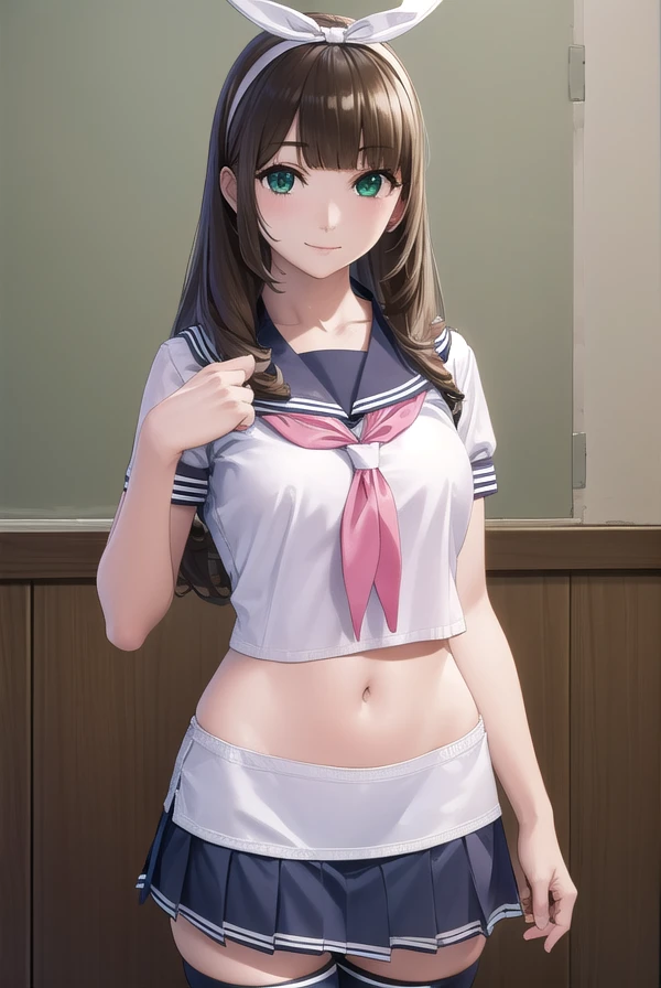 chitosenishina, <lora:chitose nishina manga-lora-nochekaiser:1>,
chitose nishina, long hair, brown hair, (green eyes:1.3), bangs, blunt bangs, smile,
BREAK skirt, thighhighs, navel, cleavage, school uniform, pleated skirt, hairband, shoes, serafuku, black thighhighs, black skirt, zettai ryouiki, neckerchief, bow, hair bow,
BREAK indoors, classroom,
BREAK looking at viewer, (cowboy shot:1.5),
BREAK <lyco:GoodHands-beta2:1>, (masterpiece:1.2), best quality, high resolution, unity 8k wallpaper, (illustration:0.8), (beautiful detailed eyes:1.6), extremely detailed face, perfect lighting, extremely detailed CG, (perfect hands, perfect anatomy),