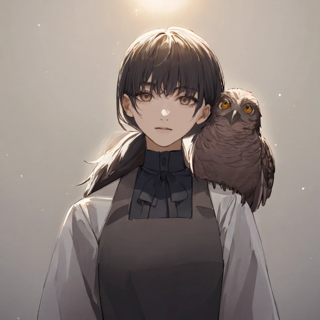 1girl, mitaka asa, slim girl wearing a long dress, with a potoo standing on her shoulder, portrait, (masterpiece), cinematic, beautiful light, best quality, newest, safe, absurdres <lora:mitaka_xl_rev2:1>