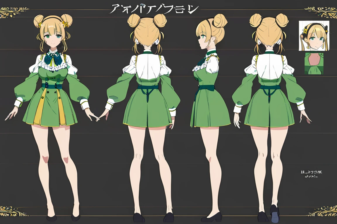 (masterpiece,  best quality),  blonde hair,  green eyes,  long sleeves,  double hair bun,  green shirt,  puffy long sleeves,  dress,  puffy sleeves,  frills,  green dress,  black shoes,  star hair ornament,  skirt,  shirt,  black hairband,  (simple backgound), 
character sheet,  model sheet,  turnaround,  multiple views of the same character, 
 character sheet,  model sheet,  turnaround,  multiple views of the same character
, multiple views of the same character,<lora:EMS-279588-EMS:1.000000>