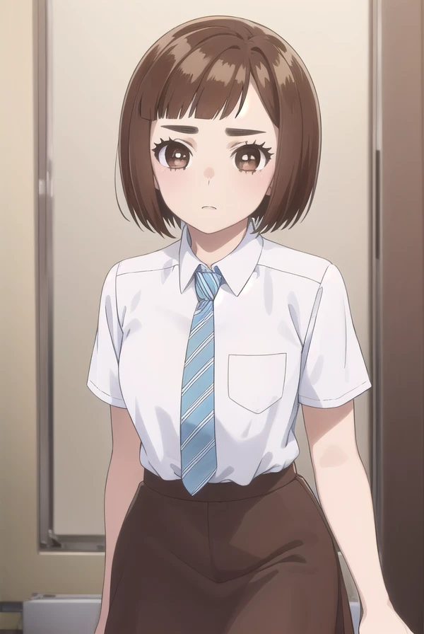 kazusaonodera, <lora:kazusa onodera s1-lora-nochekaiser:1>,
kazusa onodera, short hair, bangs, brown hair, (brown eyes:1.5), blunt bangs, bob cut, thick eyebrows,
BREAK skirt, shirt, school uniform, white shirt, short sleeves, necktie, striped, collared shirt, shirt tucked in, striped necktie,
BREAK indoors, classroom,
BREAK looking at viewer, (cowboy shot:1.5),
BREAK <lyco:GoodHands-beta2:1>, (masterpiece:1.2), best quality, high resolution, unity 8k wallpaper, (illustration:0.8), (beautiful detailed eyes:1.6), extremely detailed face, perfect lighting, extremely detailed CG, (perfect hands, perfect anatomy),