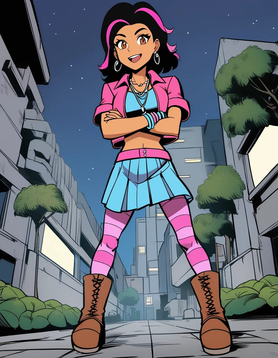 oldest,80s action anime style,1girl,mercedescortez,black hair,multicolored hair,crop top,skirt,cropped jacket,striped pantyhose,earrings,necklace,bracelets,leather boots,standing,crossed arms,happy,:d,in city,palm trees,concrete,ivy,brutalism,at night,front shot,tanned skin, <lora:MercedesCortezXL:0.8>