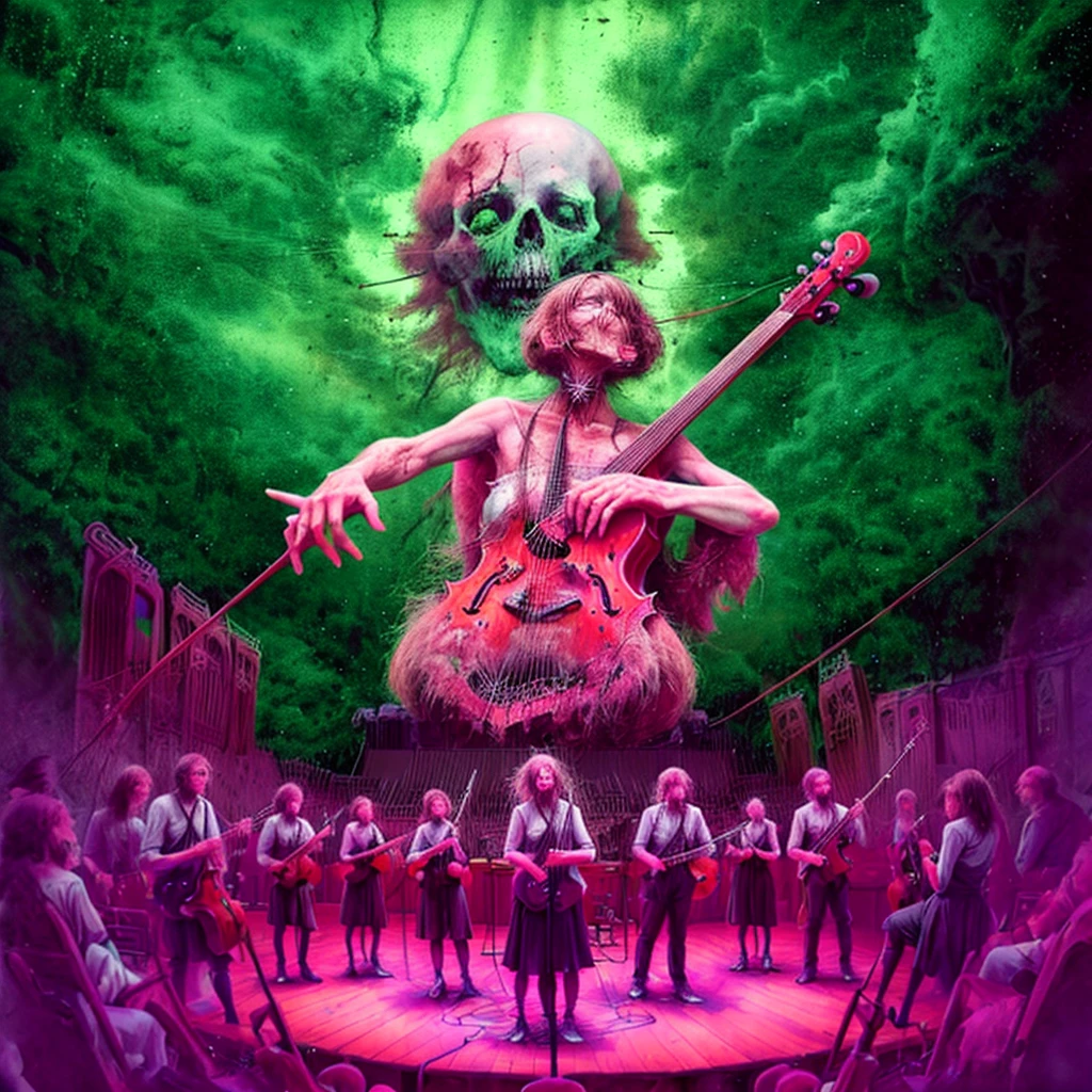 This dead orchestra Play on instruments Strung with the fibres Of my mind, DEATHMETAL, detailed, high resolution, dynamic, wide shot <lora:v2titles-000032:0.8>