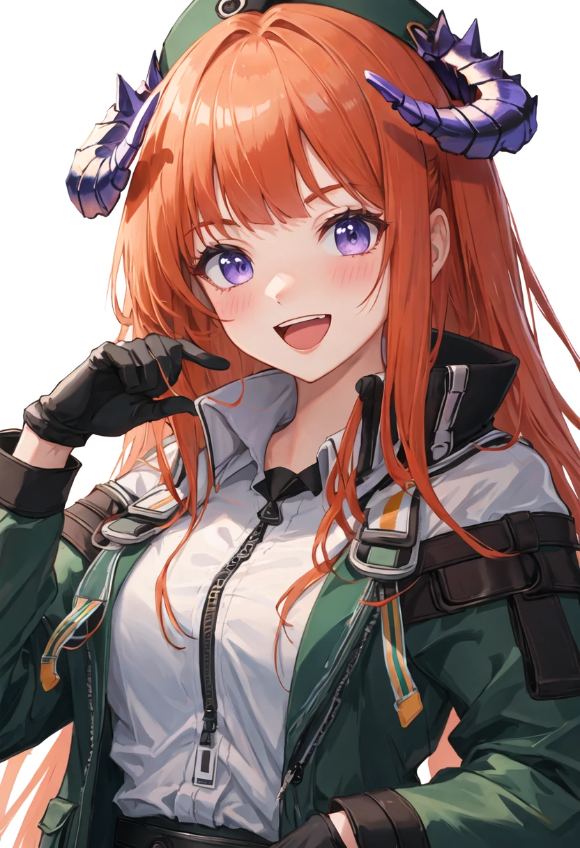 best quality, masterpiece, highres, solo, {bagpipe_arknights:0.90}, 1girl, black_gloves, long_sleeves, upper_body, looking_at_viewer, green_jacket, open_mouth, hand_up, id_card, simple_background, :d, blush, shirt, white_background