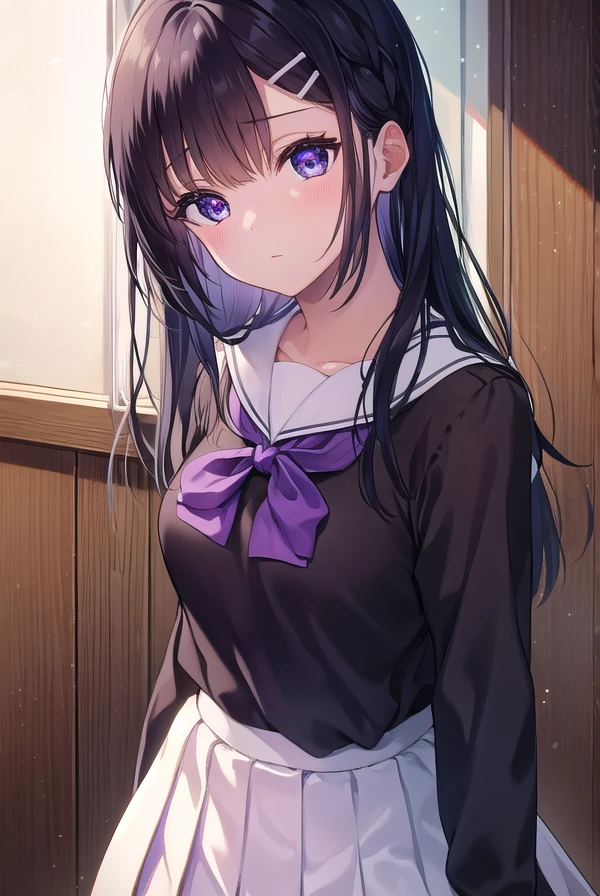 miyakoohtsuka, <lora:miyako ohtsuka manga-lora-nochekaiser:1>,
miyako ohtsuka, long hair, bangs, hair ornament, hairclip, black hair, (purple eyes:1.1),
BREAK skirt, long sleeves, school uniform, pleated skirt, serafuku, sailor collar,
BREAK indoors, classroom,
BREAK looking at viewer, (cowboy shot:1.5),
BREAK <lyco:GoodHands-beta2:1>, (masterpiece:1.2), best quality, high resolution, unity 8k wallpaper, (illustration:0.8), (beautiful detailed eyes:1.6), extremely detailed face, perfect lighting, extremely detailed CG, (perfect hands, perfect anatomy),