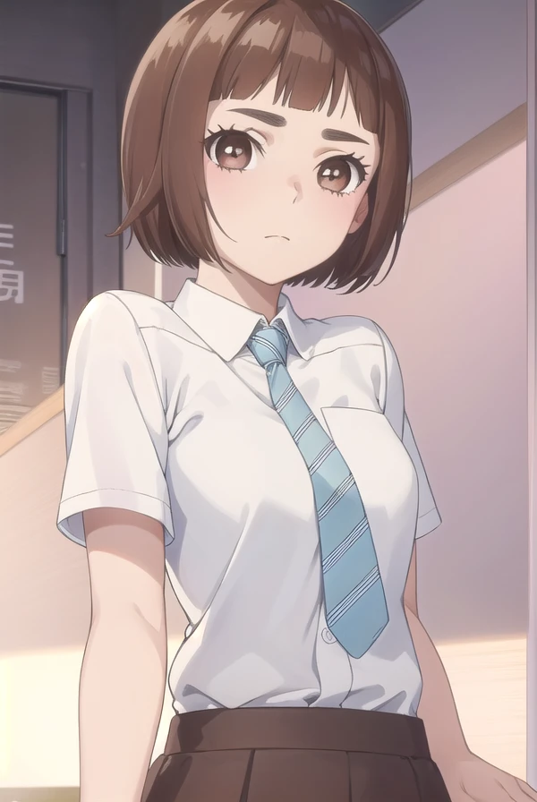 kazusaonodera, <lora:kazusa onodera s1-lora-nochekaiser:1>,
kazusa onodera, short hair, bangs, brown hair, (brown eyes:1.5), blunt bangs, bob cut, thick eyebrows,
BREAK skirt, shirt, school uniform, white shirt, short sleeves, necktie, striped, collared shirt, shirt tucked in, striped necktie,
BREAK indoors, classroom,
BREAK looking at viewer, (cowboy shot:1.5),
BREAK <lyco:GoodHands-beta2:1>, (masterpiece:1.2), best quality, high resolution, unity 8k wallpaper, (illustration:0.8), (beautiful detailed eyes:1.6), extremely detailed face, perfect lighting, extremely detailed CG, (perfect hands, perfect anatomy),