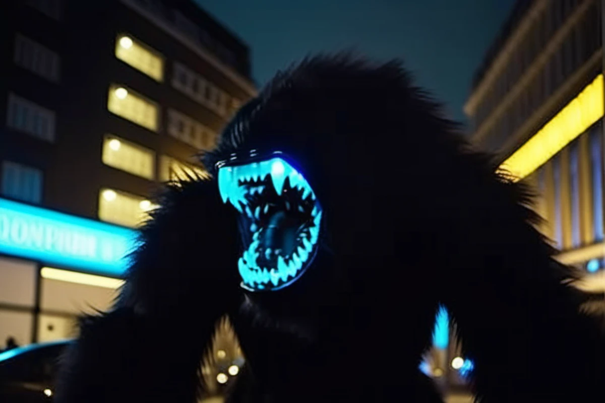 Neon noir several black gorilla monsters, glowing teeth, dark picture, night, london <lora:AttackAlien1024-000560:0.6> . 35mm photograph, film, bokeh, professional, 4k, highly detailed . Cyberpunk, dark, rainy streets, neon signs, high contrast, low light, vibrant, highly detailed