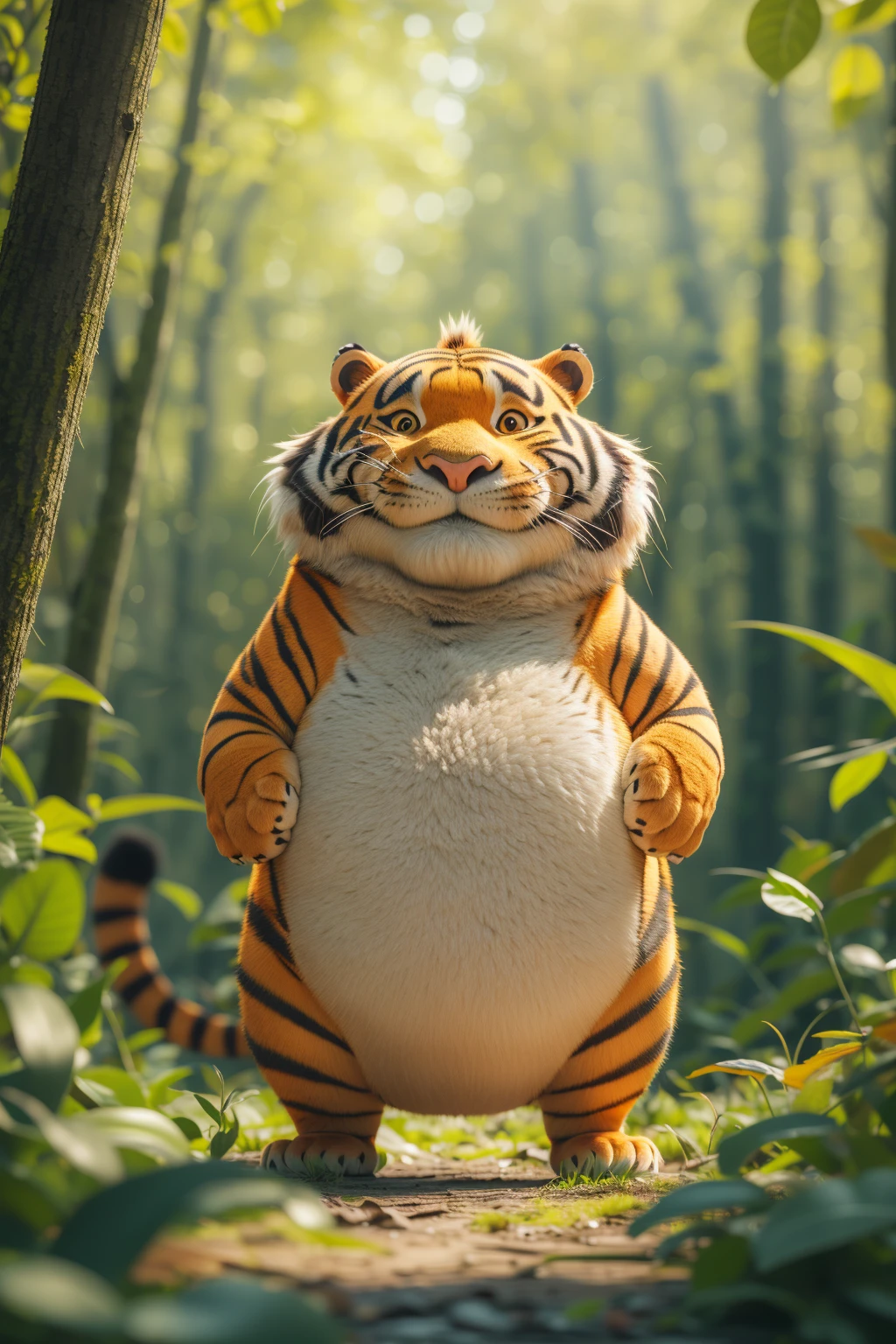 master piece, high quality, fat cute tiger, with a belly, in the forest