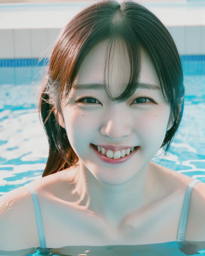 a beautiful picture of Suzuk1Air1_v2, masterpiece, photorealistic, woman, detailed, 4k, light, RAW color photo,(fully in frame:1.1), (goosebumps:0.5),asian,idol,smiling <lora:Suzuk1Air1:1> inside a pool
