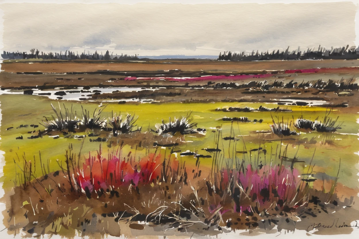 ink and wash, rough ink sketch, colorful, Peat Bog<lora:EnvyInkAndWashXL01:0.3>