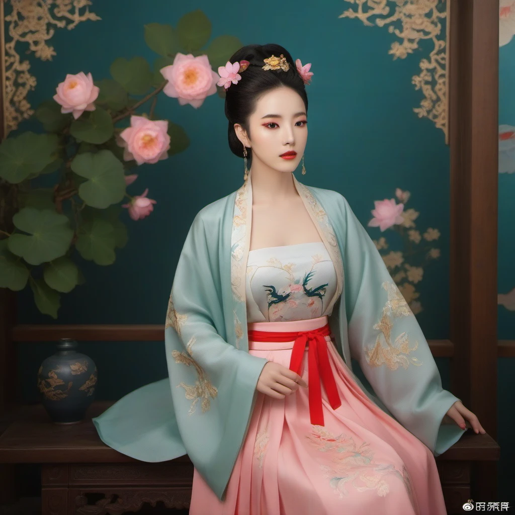 gf,<lora:GFHF-000010:0.6>,dragongirl,1girl\(solo,fashion model,appearance\((high and raised abdomen):1.8,picture-perfect face,black eyes,perfect eyes,red lips,cleavage,(fair shiny skin):1.5),(hanfu Ru Skirt)\((pink and blue):1.3,luxurious,gorgeous with embroidery patterns\(golden decorative patterns,Plum Blossom,Lotus,Rose,Orchid\)\),makeup\(red lips,eyelashes,eyeliner,eyeshadow):1.3,Cleavage,plump,looking at viewer,floating hair,indoor,(a gold dragon):1.4,(above the knee):1.6\),
Background\(indoor,(luxurious Baroque style hall):1.4,sky,forest,cliffs\),
masterpiece,best quality,unreal engine 5 rendering,movie light,movie lens,movie special effects,detailed details,HDR,UHD,8K,CG wallpaper,