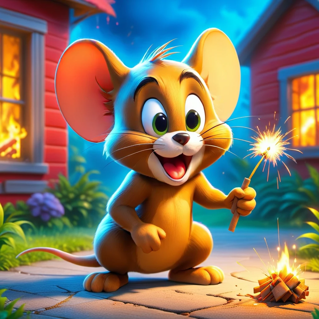 (cute jerry the beige mouse (Tom & jerry), out of the house very quickly with a scared look with a firecracker in the paw, There is a burning house in the background, detailed vivid colors background, HDR, 8k, detailed muzzle