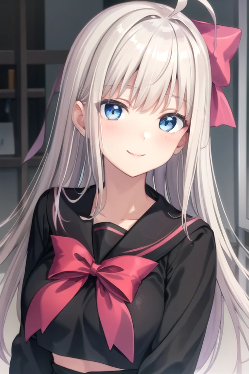 ((masterpiece)),(best quality),official art,extremely detailed CG,unity 8k wallpaper,ultra detailed,beautiful detailed eyes,extremely detailed face,A lighthouse on a cliff by the sea,1girl,solo,upper body,(portrait:1.5),looking at viewer,facing viewer,smile,ahoge,very long hair,sliver hair,hair bow,hair bow ribbon,sidelocks,bangs,blue eyes,school uniform,black sailor collar,pink bow,black serafuku,long sleeves,large breasts,black skirt,pleated skirt,black pantyhose,loafers,<lora:Ghost(pa):0.6>,