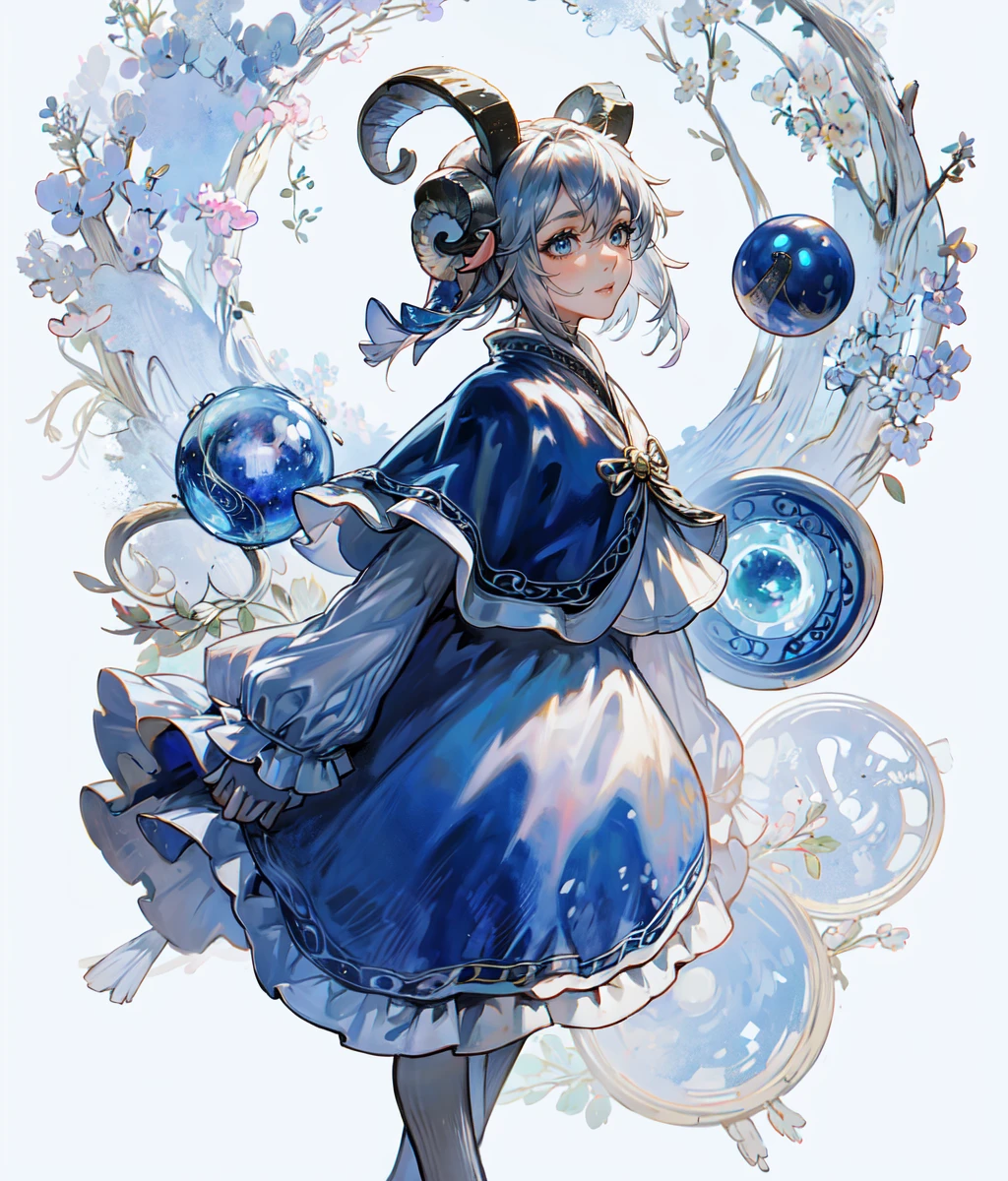 masterpiece, high res, detailed face, detailed eyes, anime screencap, 1 girl, serious, (((blue magic, magic circles))), short hair, grey hair, grey eyes, looking at horizon, cliff, goat horns, goat legs, faun, blue dress, cowboy shot, full body, outdoors <lora:Yohn:1>