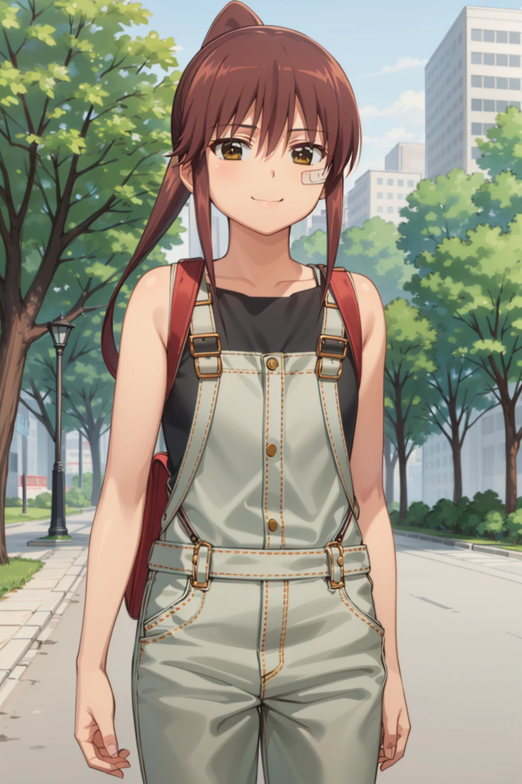 best quality, masterpiece, detailed,
<lora:KissXSis_SuminoeRiko:0.9>, Riko,
1girl, closed mouth, smile,
brown hair, brown eyes, ponytail, bandaid on face, sidelocks,
RikoCasual, overalls, black shirt, straps, grey pants, backpack,
standing, looking at viewer,
street, tree