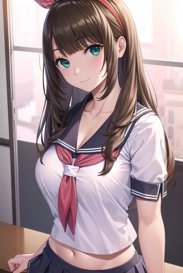 chitosenishina, <lora:chitose nishina manga-lora-nochekaiser:1>,
chitose nishina, long hair, brown hair, (green eyes:1.3), bangs, blunt bangs, smile,
BREAK skirt, thighhighs, navel, cleavage, school uniform, pleated skirt, hairband, shoes, serafuku, black thighhighs, black skirt, zettai ryouiki, neckerchief, bow, hair bow, shirt, (pink shirt:1.2), (red neckerchief:1.2),
BREAK indoors, classroom,
BREAK looking at viewer, (cowboy shot:1.5),
BREAK <lyco:GoodHands-beta2:1>, (masterpiece:1.2), best quality, high resolution, unity 8k wallpaper, (illustration:0.8), (beautiful detailed eyes:1.6), extremely detailed face, perfect lighting, extremely detailed CG, (perfect hands, perfect anatomy),