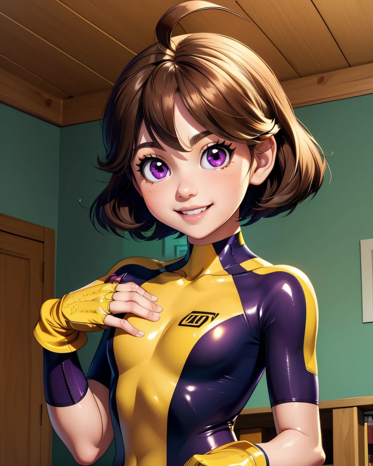 Mechanica,brown hair,ahoge,short hair,purple eyes,
bodysuit,fingerless glove,yellow gloves,
standing,smile,upper body,
wires,oil,indoors,
(insanely detailed, masterpiece, best quality),solo,<lora:Mechanica:0.8>,