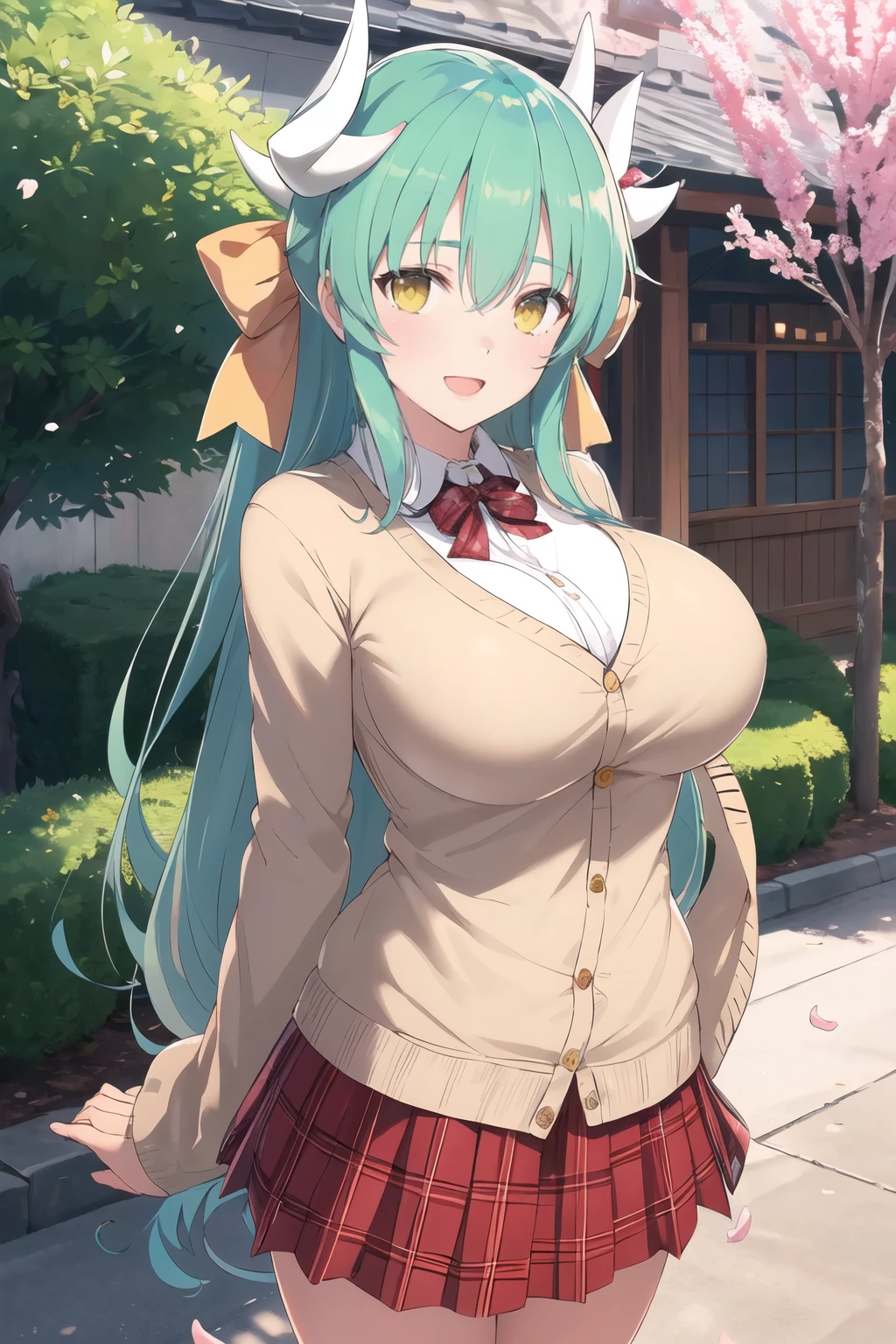 masterpiece, best quality, highres, aakiyo, long hair, aqua hair, white horns, hair bow, yellow bow, yellow eyes, <lora:kiyohime_(lancer)_v1:0.7>, cardigan, plaid skirt, arms behind back, smile, open mouth, petals, outdoors, big breasts ,bvyaegashihan <lora:Yaegashi-Han-Style_1036864:1>