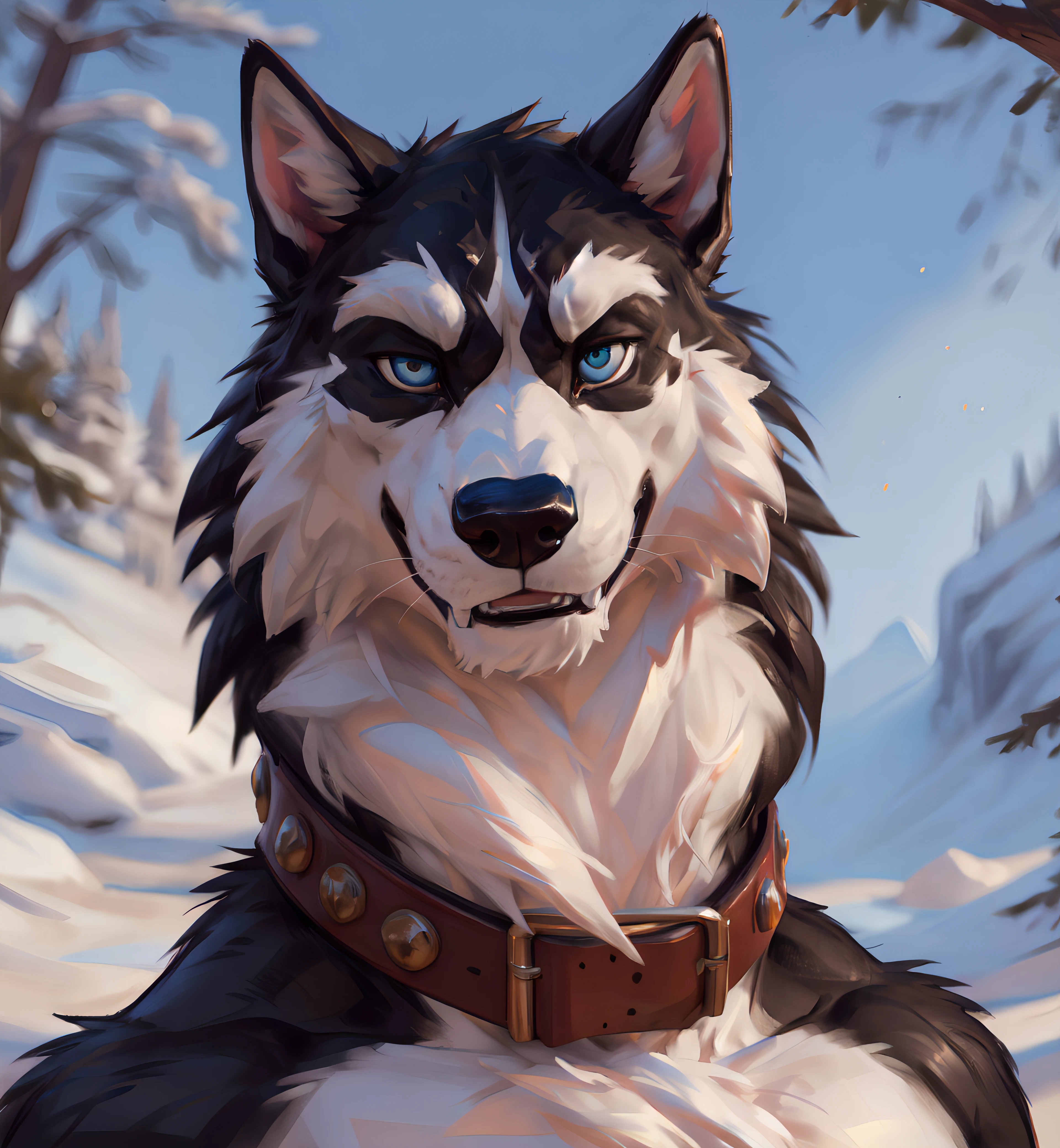 suggestive content, highres, super high resolution, beautiful details, beautiful eyes, depth of field, solo focus, detailed background, high quality, good lighting, high res, (((masterpiece))), 8k, depth of field, ray tracing, detailed background, great lighting, detailed face and body, detailed lighting, [cinematic lighting], [backlighting], [detailed ambient light], [gray natural lighting], [sharp focus], (solo), photorealistic,
<lora:SteeleFRL27nO:0.8>, Steele_\(Balto\), Steele, (Male Anthro (Alaskan_Malamute) furry), Husky, Canine, Canis, Canid, Wolf, big ears, tall ears, bright blue eyes, fangs:0.6, 
(wearing spiked_collar):1.4, (nude), proud expression,
(close up, bust portrait, headshot, extreme close up, looking at camera, looking at viewer, facing viewer, facing camera), ((outside, fantasy nature background)), 
(detailed fluffy fur, fluffy, detailed fur):1.4, (tuft, neck tuft, neck fluff, tufted fur, fur tuft, inner ear fluff), (long fur),
rakisha, zackary911, chunie, meesh, kiyosan, sigma x, by darkgem, spectrumshift, bonifasko,