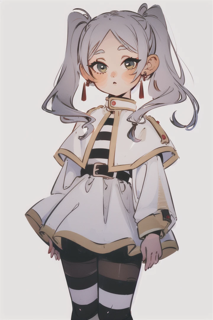 (Highest picture quality), (Master's work), (ultra-detailed), (Detailed eye description:1.2), masterpiece, best quality, IRIaStyle, chibi, solo, simple background, 1girl, white background, full body, dark colors, muted colors <lora:test_little_papapa:1>, <lora:frieren:1> FrierenBase, twintails, earrings, white capelet, striped shirt, white skirt, long sleeves, belt, black pantyhose