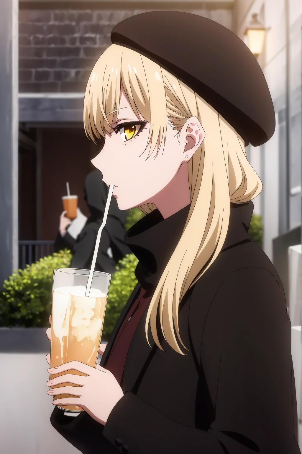 ((best quality)),((highly detailed)),masterpiece,absurdres,detailed face,beautiful face,(detailed eyes, deep eyes),1girl,((dynamic pose))  <lora:GuideauiV1:0.7>, Guideau, blonde hair, drinking, hat, long hair, holding, drinking straw, cup, yellow eyes, solo focus, blurry, profile, coat, outdoors, disposable cup, from side, jacket, black headwear, beret, blurry background, black jacket, bangs, long sleeves, black coat, depth of field, drink, solo, upper body, building, standing, closed mouth, sidelocks, drinking straw in mouth, photo background, night