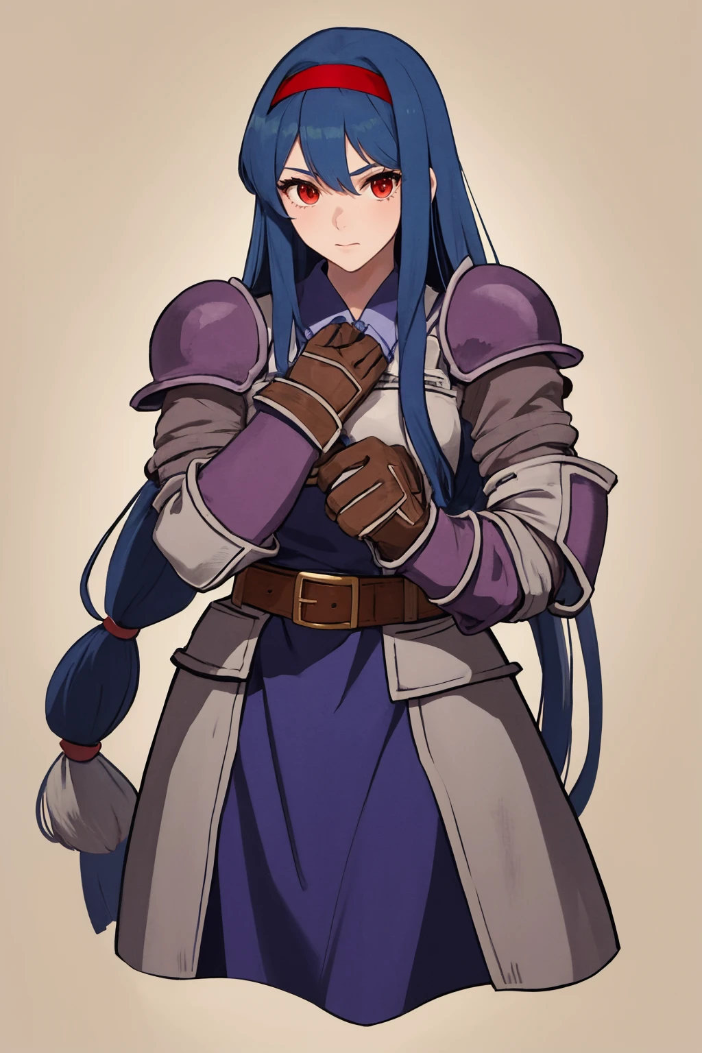 masterpiece, best quality, 1girl, solo, <lora:anastasiavaleria-wa-richy-v1:1> anastasia, red hairband, hair tubes, sidelocks, low-tied long hair, very long hair, armored dress, gloves, belt