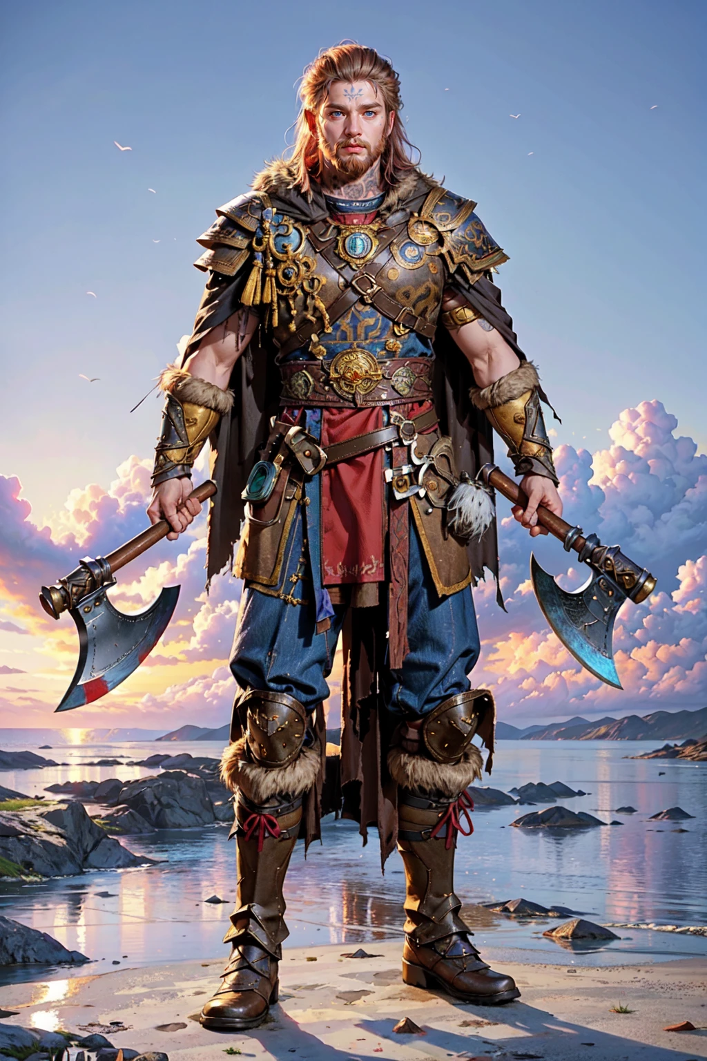 (masterpiece:1.2, best quality), (photorealistic:1.2), Viking_dual_V1, viking, solo, standing, 1boy, looking at viewer, ((full body)), (holding axe, dual wielding), armor, boots, fur trim, shoulder armor, belt, pants, pauldrons, cape, scar, tattoo, facial tattoo <lora:Viking_dual_V2:0.45>