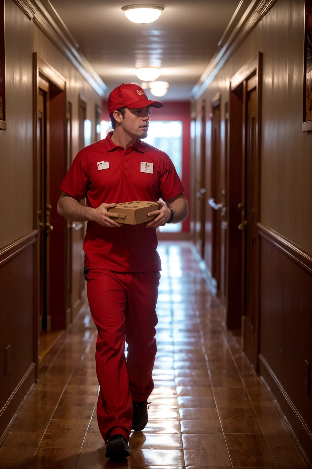 RAW photo of a pizza delivery guy <lora:p1zz4d3l1v3ry:1> in an apartment hallway holding 2 pizzas