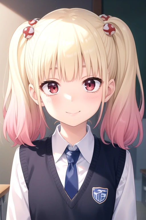 ((masterpiece)),(best quality),official art,extremely detailed CG,unity 8k wallpaper,ultra detailed,beautiful detailed eyes,extremely detailed face,1girl,solo,upper body,(portrait:1.5),looking at viewer,facing viewer,smile,petite,niguredou julia,multicolored hair,gradient hair,pink hair,blonde hair,twintails,food-themed hair ornament,mushroom hair ornament,red eyes,school uniform,sweater vest,black vest,collared shirt,white shirt,long sleeves,blue necktie,miniskirt,blue skirt,pleated skirt,black pantyhose,loafers,<lora:Niguredou Julia(mc)>,