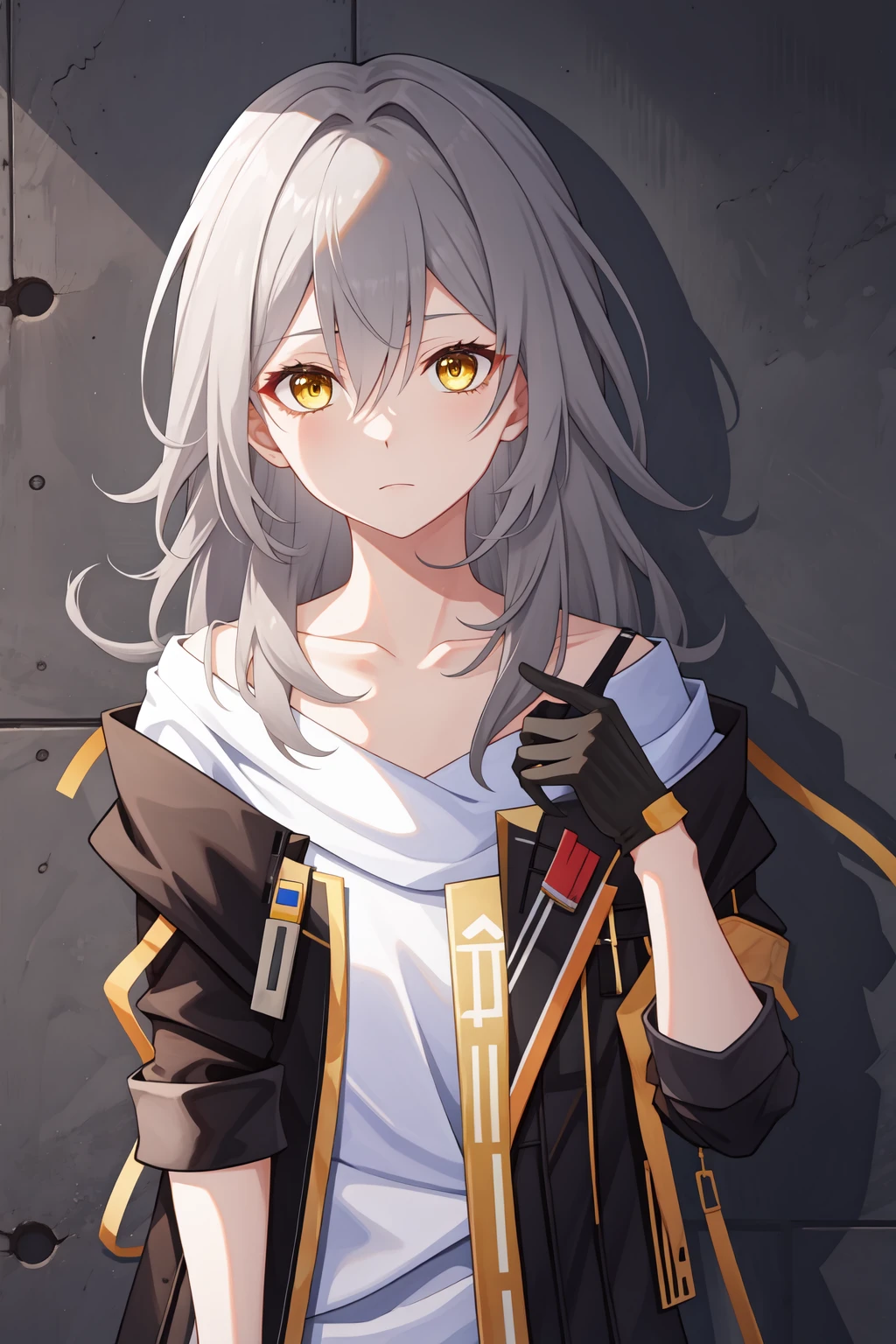 <lora:æ:1:lbw=char>,xing,yellow eyes,long hair,bangs,grey hair,jacket,shirt,white shirt,black jacket,gloves,hair between eyes,black gloves,open clothes,open jacket,collarbone,off shoulder,, 1girl,
, (masterpiece,best quality:1.2),absurdres