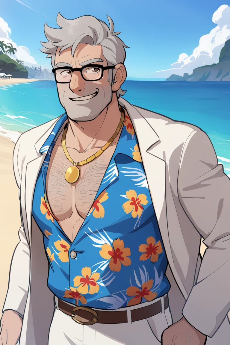 stanpines, solo, male focus, upper body, muscular, mature male, old man, short hair, grey hair, brown eyes, thick eyebrows, glasses, black-framed eyewear, facial hair, stubble, sideburns, smile, necklace, gold chain, chain, long sleeves, smile, white jacket, blue shirt, hawaiian shirt, belt, white pants, standing, outdoors, beach, masterpiece, best quality <lora:Stanley (Stan) Pines SDXL_LoRA_10r_10e_32i_nr32_a16_Animagine XL V3:0.7>