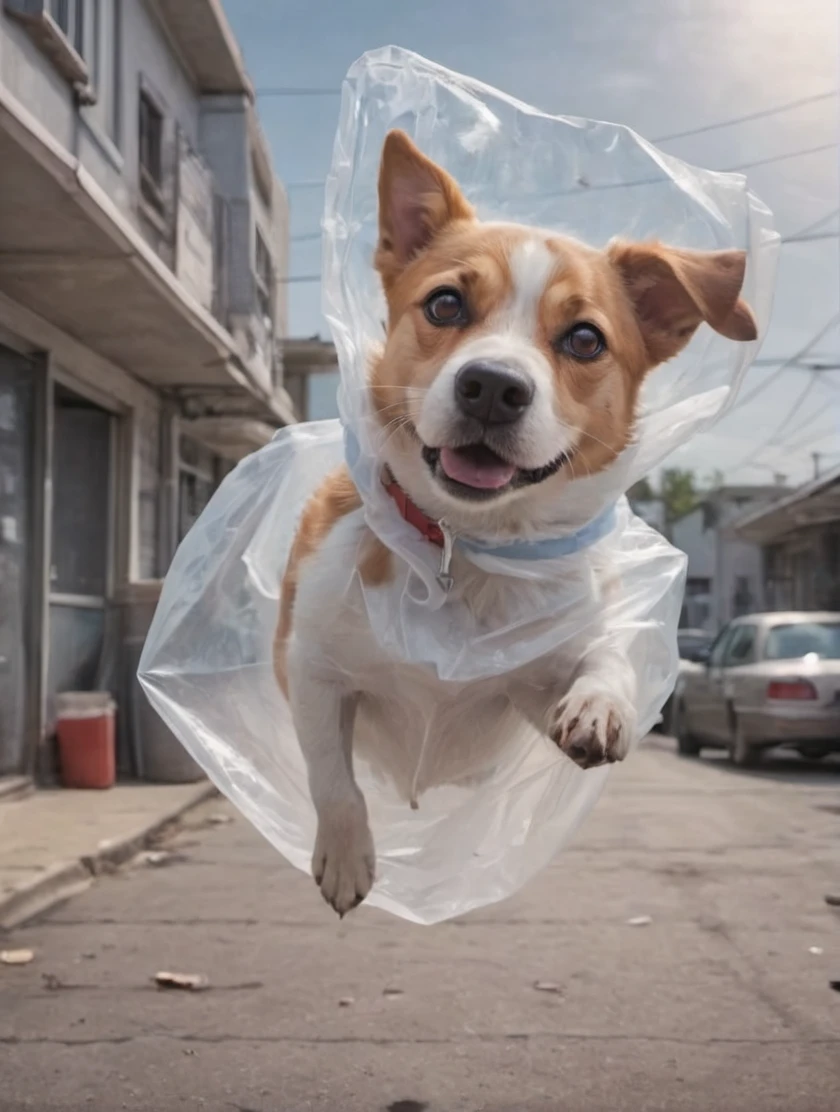 comic book art, plastic bag floating in the air that looks like a doggo, dramatic, cinematic,  <lora:- SDXL - drmbgg_dream_bag_V1.0:.7>