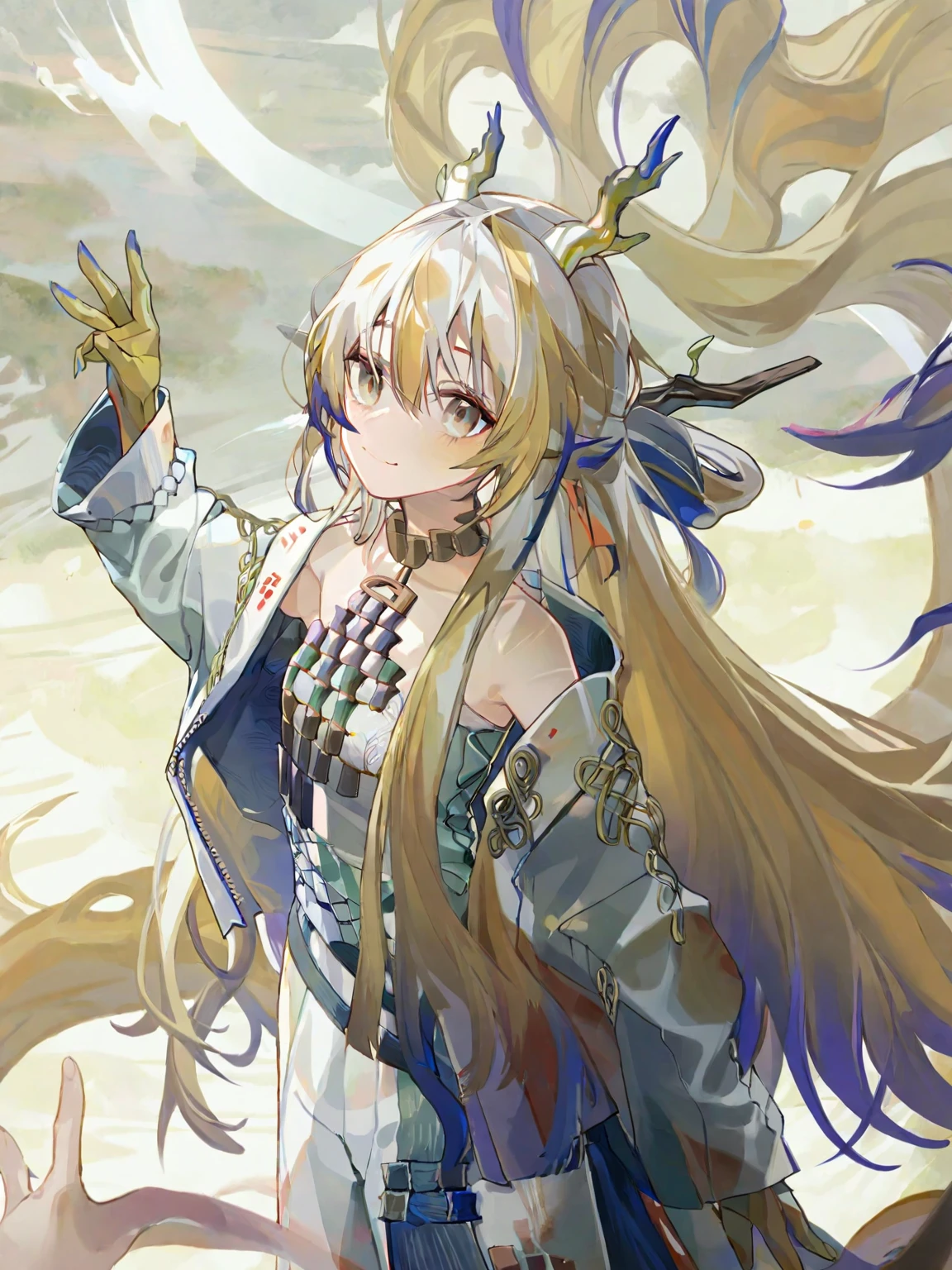 (1girl:1.2),(solo:1.2),masterpiece,best quality,highly detailed,best quality,illustration,highres,extremely detailed wallpaper,anime screencap,third-party edit,nice hands,perfect hands,
<lora:ShuLoraXL:1>,dragon horns,long hair,multicolored hair,blonde hair,white background,slight smile,looking up,hand stretch out,from below