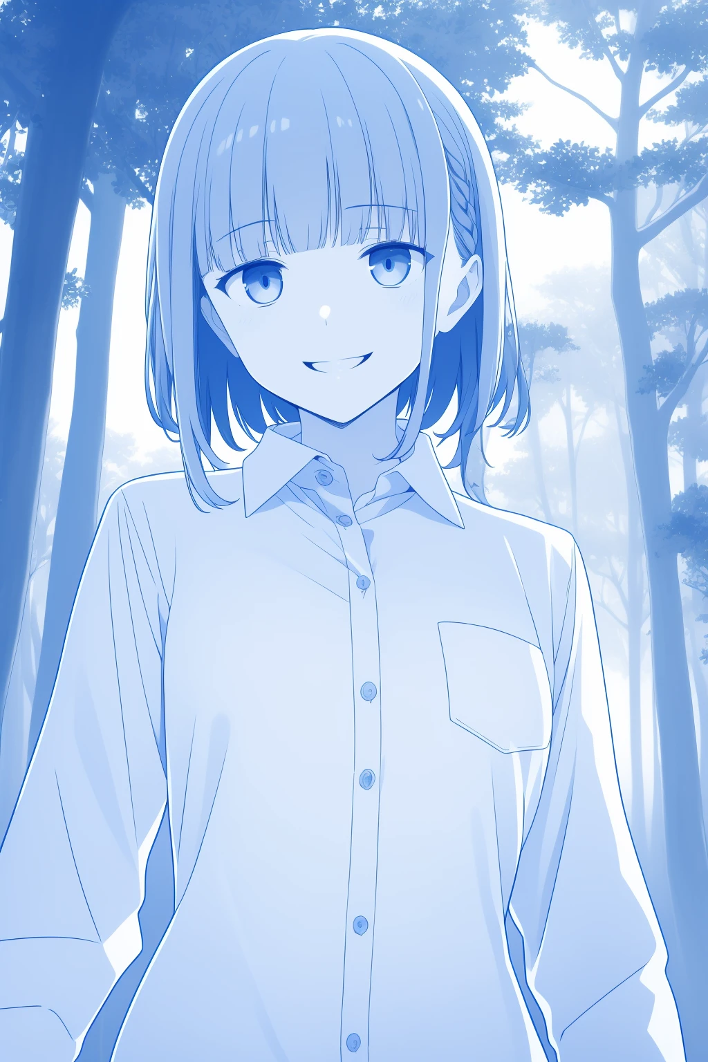 (masterpiece), best quality, expressive eyes, perfect face, blue theme, monochrome, 1girl, solo,
short hair, wavy hair, blunt bangs, silver hair, small breasts, white shirt, collared shirt, seductive smile,
forest,
<lora:tww:0.7>