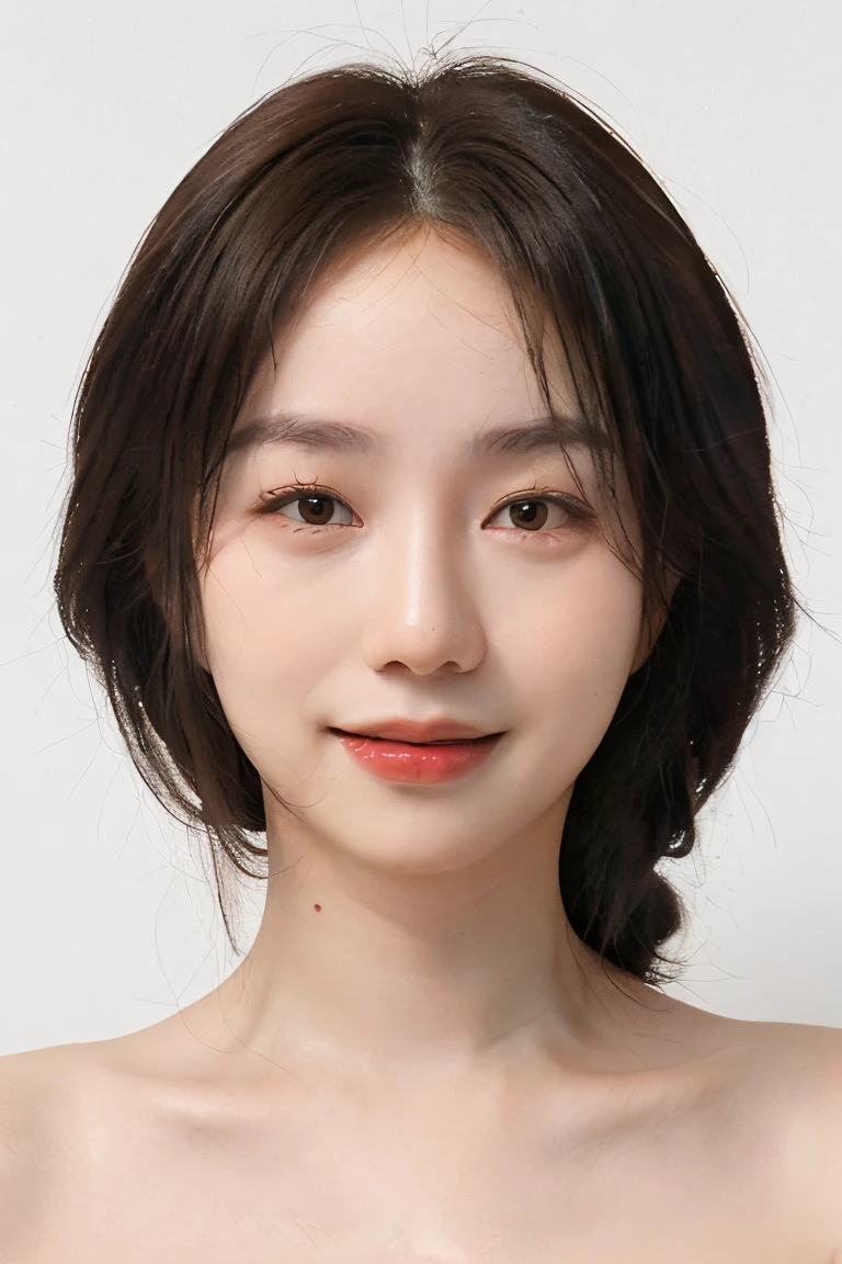 (masterpiece, top quality, best quality, (close-up photograph: 2), ((1girl)), korean, slim face, fair skin, (extremely detailed face), ((looking at viewer)), (ultra-detailed eyes and pupils), ((bare pectorals)), ((bare chest)), ((tube dress)), bare head, ((bare shoulders)), symmetrical frame, ((strapless)), (((smile))), ((closed mouth)), ((symmetrical pose)), (symmetrical face: 1.6), 35mm, minimal plain white background, direct lighting, (((medium hair))), no watermark <lora:sakuralorashy:0.85>