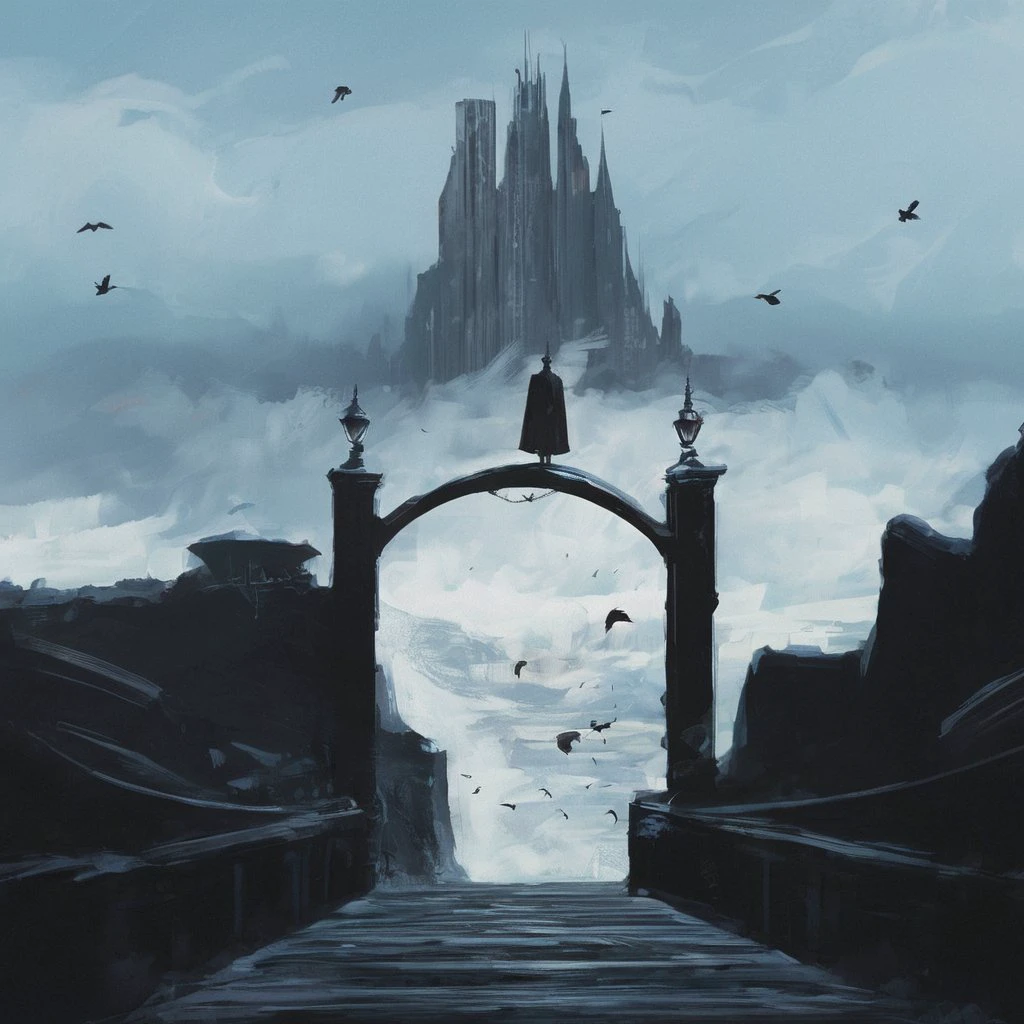 a painting of a man standing on a bridge over a cityscape with a bird flying overhead and a bird flying overhead,gotham,detailed,small details.trending on art station, a digital painting, fantasy art <lora:Milde_style_art:1>
